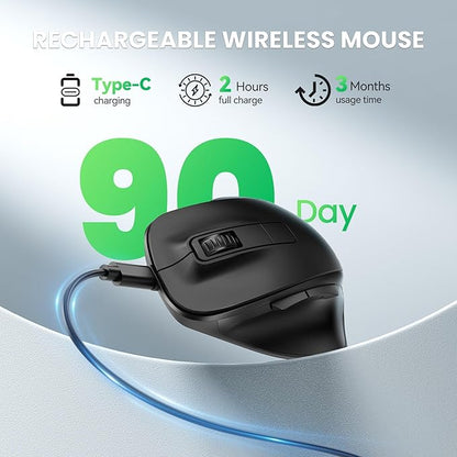 TECKNET Wireless Mouse, Bluetooth Mouse (BT5.0/3.0 & 2.4G) Rechargeable 4800 DPI Silent Mice, Computer Mice with USB A Receiver,Large Sized Ergo Grips Optical Cordless Mice for Laptop/Mac/PC,Black