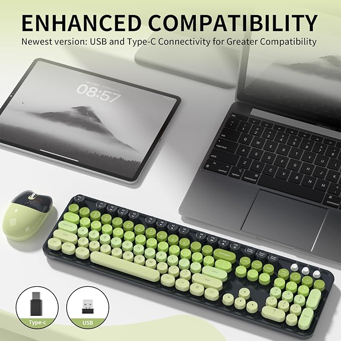 Wireless Keyboard and Mouse, MOFII 104 Round Keycaps Retro Typewriter with OTG & Brush, Full-Size Ergonomic, Ideal for Windows PC, Home, Office and College Gray Green