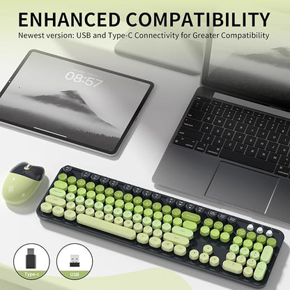 Wireless Keyboard and Mouse, MOFII 104 Round Keycaps Retro Typewriter with OTG & Brush, Full-Size Ergonomic, Ideal for Windows PC, Home, Office and College Gray Green
