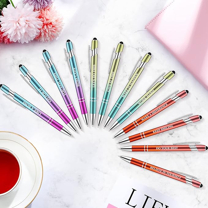 Zonon 12 Pcs Inspirational Pens Bulk Funny Ballpoint Pen with Stylus Tip Motivational Gifts for Christmas Teacher Coworkers Nurse School Office Supplies(Plating Color,Motivational Style)