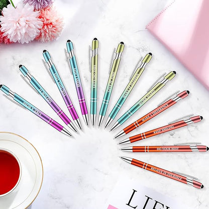 Zonon 12 Pcs Inspirational Pens Bulk Funny Ballpoint Pen with Stylus Tip Motivational Gifts for Christmas Teacher Coworkers Nurse School Office Supplies(Plating Color,Motivational Style)