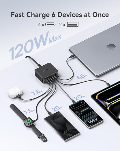 Baseus Charging Station 120W, 6-in-1 USB-C PD Fast Charging Desktop Charger with 5ft Extension Cord, 4 USB C, 2 USB A Ports, Travel Power Strip for iPhone 17/16, iPad Pro, MacBook Pro, Tablet and More