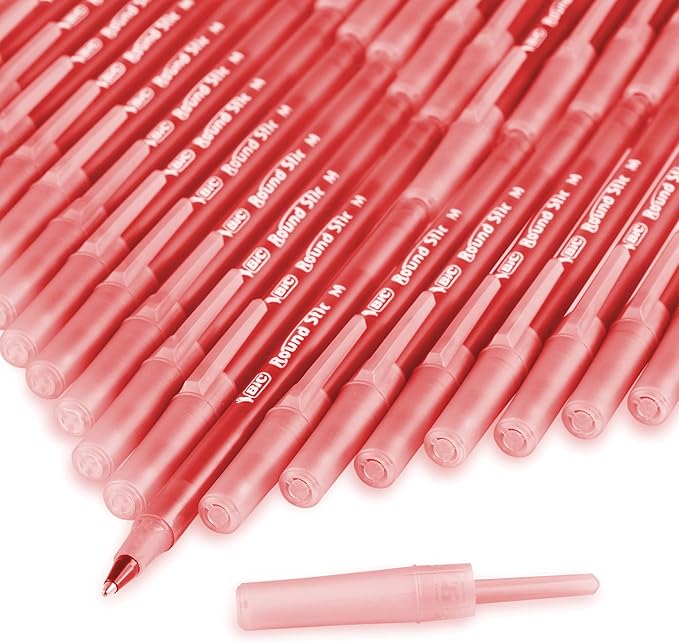 BIC Round Stic Xtra Life Red Ballpoint Pens, Medium Point (1.0mm), 12-Count Pack of Bulk Pens, Flexible Round Barrel for Writing Comfort, No. 1 Selling Ballpoint Pens