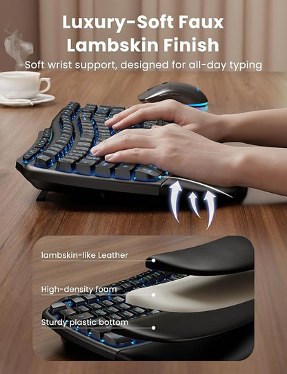 Ergonomic Wireless Keyboard and Mouse Combo, Rechargeable 4000mAh Backlit Keyboard with a Soft, Faux Lambskin Palm Rest, Wave Keys for Natural Typing, Compatible with Windows/Mac/Chromes OS—SABLUTE