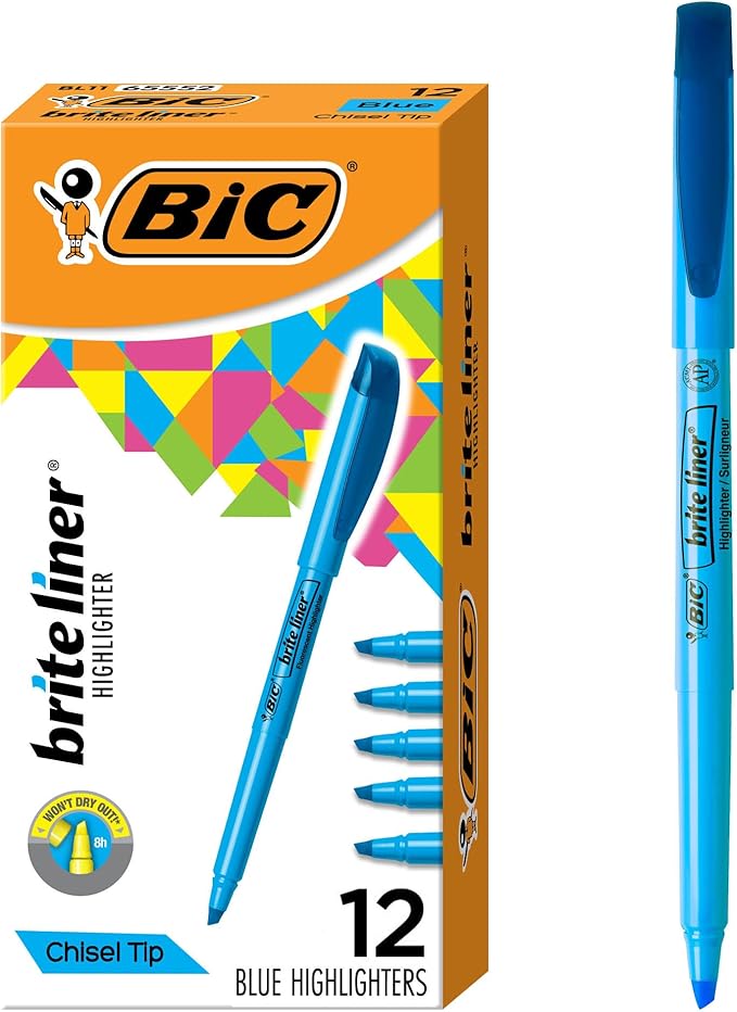 BIC Brite Liner Highlighters, Chisel Tip, 12-Count Pack of Blue Highlighters, Ideal Highlighter Set for Organizing and Coloring