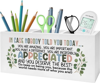 Boho Inspirational Pencil Pen Holder for Desk, Appreciation Gifts for Coworkers, Boss Gifts for Women Men Wooden Pencil Holder Organizer for Home Office Desk Accessories