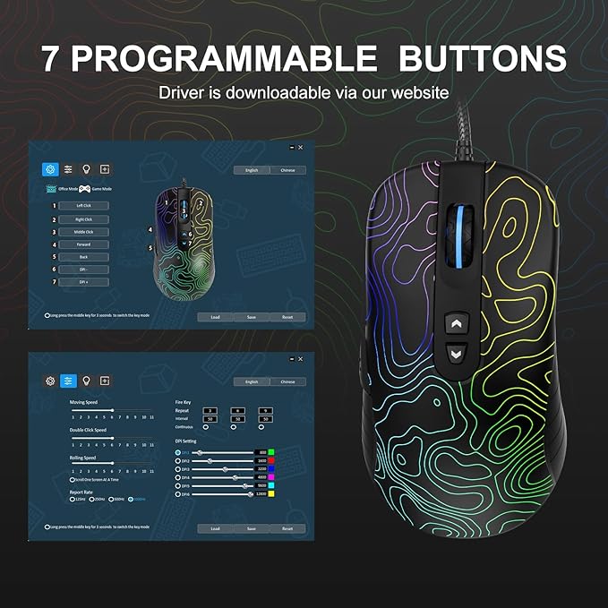 Womier G706 USB Wired Gaming Mouse for PC Computer Windows Mac Laptop, Lightweight Silent RGB Backlit Mouse with Adjustable 12000DPI/7 Programmable Side Buttons,Kanagawa Theme (Black Topographic)