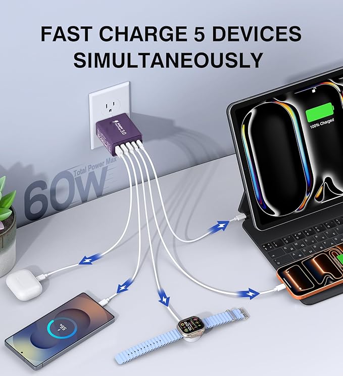 [2-Pack] USB C Wall Charger, 60W Charger Block 5-Port PD Fast Charging Blocks,Multiport 2USB C+3USB A Plug,Type C Power Adapter Brick Cube for iPhone 17/16/15/14/13/Pro,Samsung,for Switch（Purple）