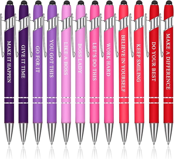 Zonon 12 Pcs Inspirational Pens Bulk Funny Ballpoint Pen with Stylus Tip Motivational Gifts for Christmas Teacher Coworkers Nurse School Office Supplies(Pink Purple Colors,Boss Lady)
