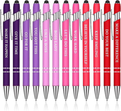 Zonon 12 Pcs Inspirational Pens Bulk Funny Ballpoint Pen with Stylus Tip Motivational Gifts for Christmas Teacher Coworkers Nurse School Office Supplies(Pink Purple Colors,Boss Lady)