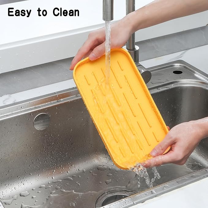 Silicone Kitchen Sink Organizer Tray for Multiple Usage,Easy Clean,Eco-Friendly Sponges Holder for Kitchen Bathroom Counter or Sink,Dish Soap Dispenser,Scrubber,Bottle,Cup Yellow 10”x 5.3”