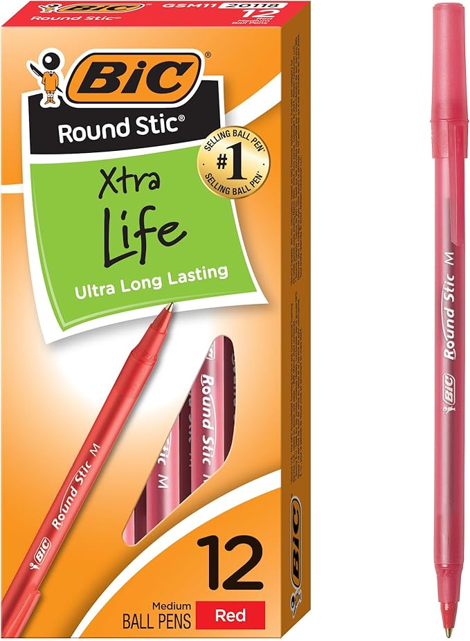 BIC Round Stic Xtra Life Red Ballpoint Pens, Medium Point (1.0mm), 12-Count Pack of Bulk Pens, Flexible Round Barrel for Writing Comfort, No. 1 Selling Ballpoint Pens