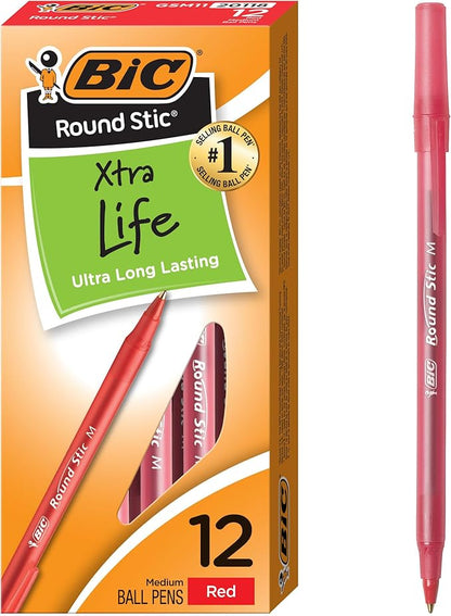 BIC Round Stic Xtra Life Red Ballpoint Pens, Medium Point (1.0mm), 12-Count Pack of Bulk Pens, Flexible Round Barrel for Writing Comfort, No. 1 Selling Ballpoint Pens