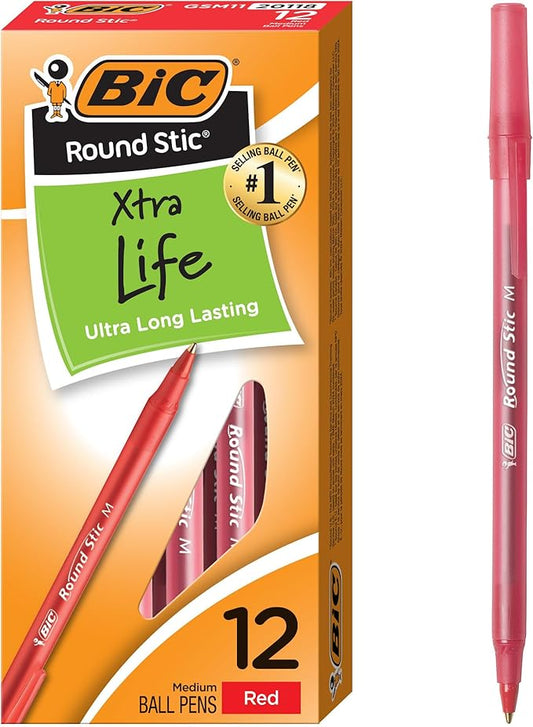 BIC Round Stic Xtra Life Red Ballpoint Pens, Medium Point (1.0mm), 12-Count Pack of Bulk Pens, Flexible Round Barrel for Writing Comfort, No. 1 Selling Ballpoint Pens