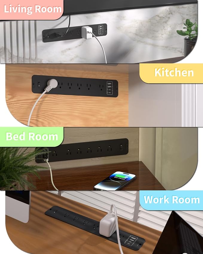 Recessed Power Strip Extension - 10 Outlet Surge Protector with 6 AC - 2 USB-A（18W） and 2 USB-C（PD20W） Ports - Flush Mount Desk Outlet with 6 Feet Cord - for Conference Table (Black)