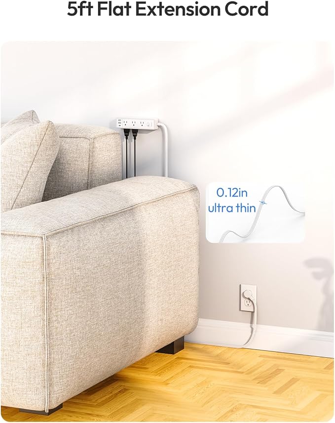 Surge Protector Power Strip, Flat Extension Cord with 9 Widely Outlets 3 USB Ports(1 USB-C), 1080 Joules, 5 FT, Multiple Outlets, Wall Mount, Flat Plug for Indoor Home Office, Dorm Essentials, White