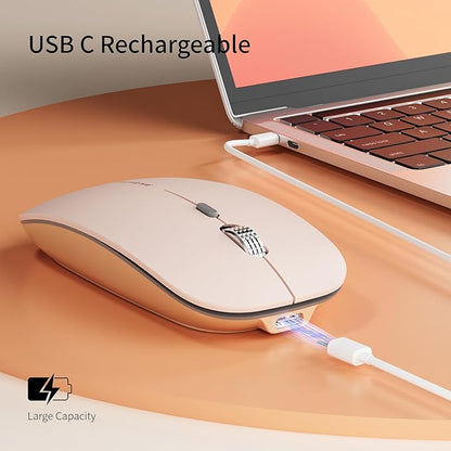 Uciefy Q5 Slim Rechargeable Wireless Mouse, 2.4G Portable Optical Silent Ultra Thin Wireless Computer Mouse with USB Receiver and Type C Adapter, Compatible with PC, Laptop, Desktop - Light Pink