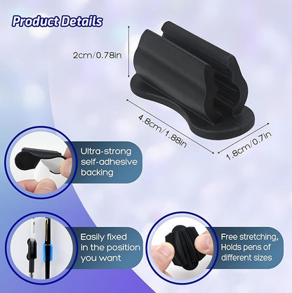 SameTech 10 Pack Adhesive Silicone Pen Holder Pencil Grips-Reusable Sticky Pencil Grips for Desk,Notebook,or Wall,Ergonomic Writing Aid for Kids&Adults,(Fits Pens,Pencils,Tools (black, 10pcs)