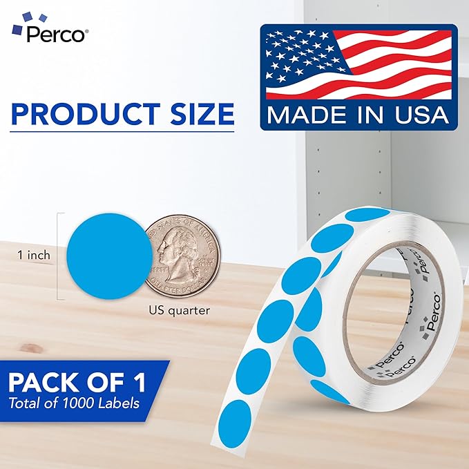 Perco Light Blue 1-Inch Round Circle Dot Sticker Labels with Easy Peel Perforation - 1,000 Labels per Roll - Strong Adhesion, Vibrant Colors for Organizing, Crafting & More - Made in USA