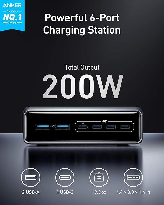 Anker Prime Charger, 200W 6-Port GaN Charging Station, USB-C PD Fast Charging Desktop Charger, Compatible with iPhone, Samsung, MacBook, Dell and More