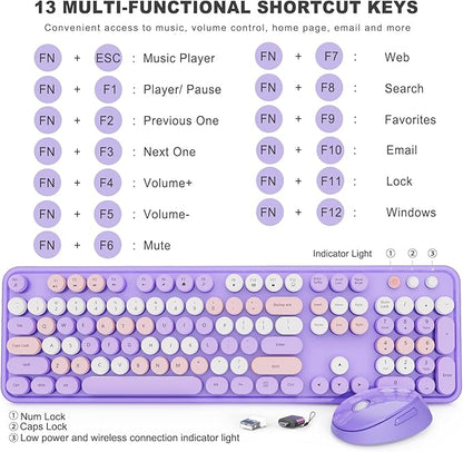Wireless Keyboard and Mouse Combo, Ergonomic Full Size Typewriter Retro Round Keycaps Keyboard, Compatible with Windows, PC, Perfer for Home and Office Keyboards (Purple