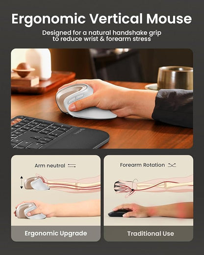 ProtoArc Ergonomic Mouse, EM11 NL Bluetooth Rechargeable Wireless Vertical Mouse, 3 Multi-Device Connectivity for Computer/PC/Laptop, 2.4GHz Optical Mice for Windows, Mac OS, White Gold
