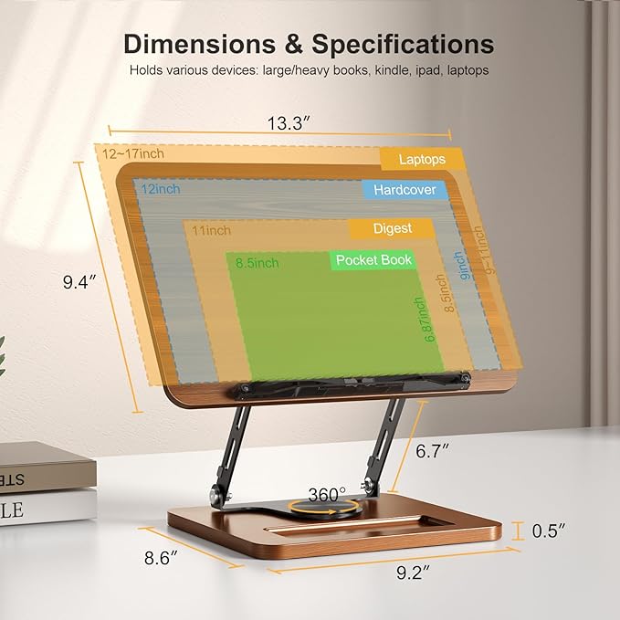 Book Stand for Reading, 360° Rotating Hands Free Book Holder, Adjustable Height and Angle, Page Clip for Cookbook, Recipe, Magazine, Laptop,Tablet, Foldable for Kitchen, Office, School