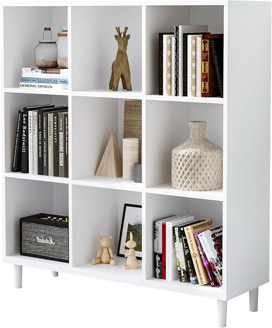 Wood Cube Storage Organizer White Bookshelf - 3-Tier Freestanding Storage Cabinet with Legs for Home Office, 9-Cubes Open Shelf