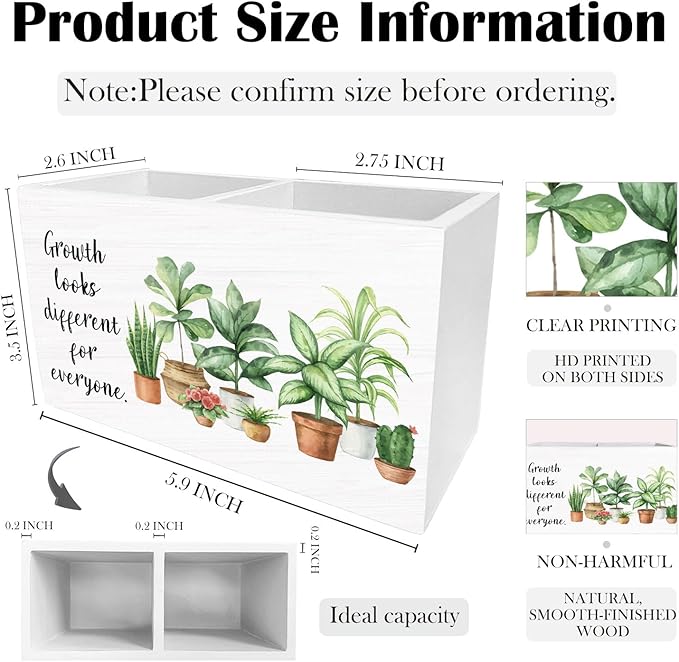 Mental Health Pen Holder for Desk, Growth Looks Different for Everyone Wooden Box Sign Desk Decor for Home Office Classroom Decoration, Botanical Inspirational Pencil Organizer