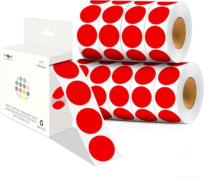 PARLAIM 1 Inch Round Color-Code Dot Stickers,10000per/10 Rolls dots Label Dispenser Box, Red Circle Stickers Label for Office Home (Red)