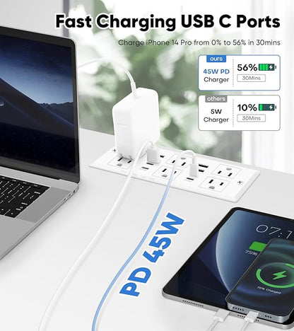 Recessed Power Strip with 45W USB C, Furniture Desk Flush Mount Outlet, Ultra Thin Flat Plug Power Strip, 6 Outlets & 8 USB Ports, 10FT Cord (White)