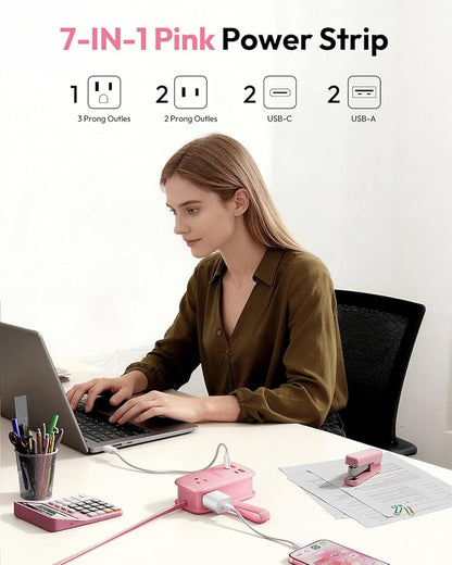 NTONPOWER GAN Ultra 65W Pink Fast Charging Station, Travel Power Strip with 3 Outlets 4 USB (2 USB C), Pink Extension Cord 4Ft, Kawaii Cute Accessories Compatible with MacBook, iPhone