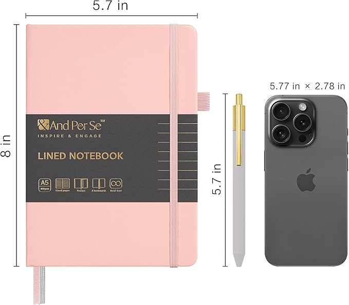 &And Per Se Lined Journal and Pen Set, A5 Leather Journal Stationery Set, 160 Pages 100GSM Thick Paper, Notebook Gift Set (Pink-Set1)