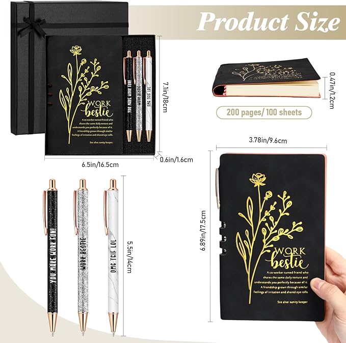 5 Pcs Work Besties Gifts for Women Set Leather Journal Ballpoint Pens with Box Thank You Appreciation Gift for Thanksgiving Christmas Birthday Work Bestie Gifts Coworker Friend (Black)