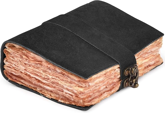 LEATHER VILLAGE Leather Bound Vintage Journal for Women & Men - Book of Shadows - Lock Closure - 200 Pages of Antique Deckle Edges Handmade Paper - Rustic Black Color - 10 X 7 inches