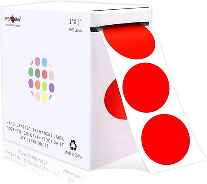 PARLAIM 1 Inch Round Permanent Adhesive Color-Code Dot Stickers,1000 per Roll dots Label Dispenser Box,Red Circle Stickers Label for Office Classroom (Red)
