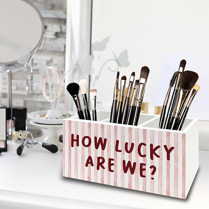 Pink Inspirational Pen Pencil Holder Organizer for Desk, Thank You Gifts for Women, Pink Striped How Lucky Are We Motivational Wooden Box Sign for Home Office Desk Tabletop Decorations