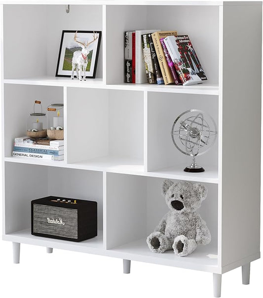 Wood Cube Storage Organizer White Bookshelf - 3-Tier Freestanding Storage Cabinet with Legs for Home Office, 7-Cubes Open Shelf