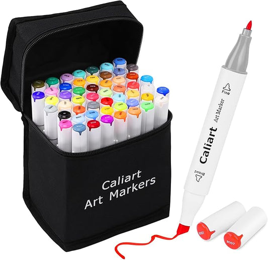 Caliart Alcohol Based Markers, 52 Colors Art Marker Set Fine & Chisel Dual Tip, Permanent Colored Pens for Adults Artists Coloring Book Illustration Sketch Lettering Drawing Cards Planner