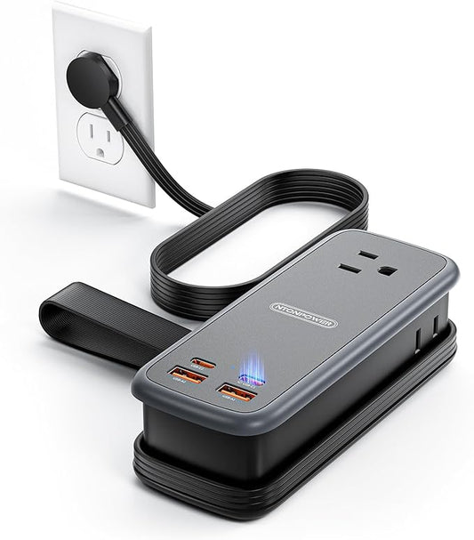 NTONPOWER 100W GAN Ultra Travel Power Strip, 7-in-1 USB C Charging Station with 3 Outlets 4 USB (2 Fast Charge)& 5FT Extension Cord, Compact Desktop Charger for MacBook, iPhone, Cruise, Office, Black