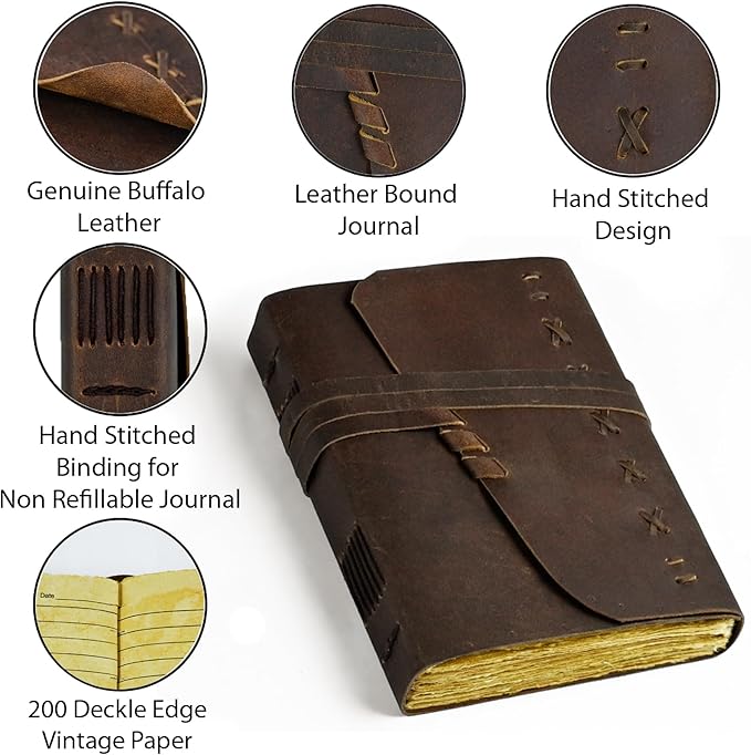 Leather Journal Notebook for Men & Women Daily Vintage Leather Bound Journal Travel Notebook 200 Deckle Lined Paper Diary Writing Journal Travelers Scrapbook Poetry Sketchbook Small Leather Gifts with