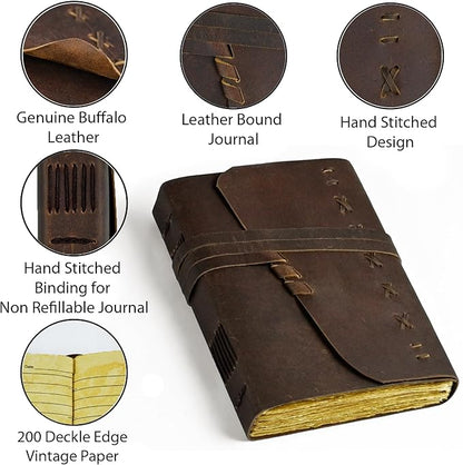 Leather Journal Notebook for Men & Women Daily Vintage Leather Bound Journal Travel Notebook 200 Deckle Edge Lined Paper Diary Writing Journal Travelers Scrapbook Poetry Sketchbook Leather Gifts with