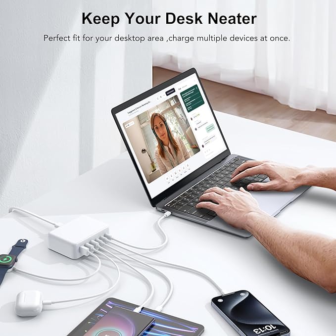 150W USB C Mac Book Pro Charger,6 Port Type C Charging Station PD Hub Brick USB A QC Wall Chargers Power Adapter Desk Plug Cube for iPhone 16 15 ProMax/AirPods4 65W Laptop Charger for MacBook Air Pro