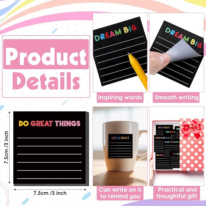 Yinder 24 Pcs Inspirational Sticky Notes Christmas Stocking Stuffers Motivational Sticky Notes Pad Employee Appreciation Gift Bulk for Teacher Nurse Coworker Office 3 x 3'' (Inspirational,Black)