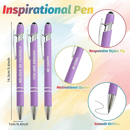 40 Piece Inspirational Pens Kit with Stylus Tip & Sayings – 20 Motivational Pen + 20 Individual Bags – Uplifting Quote & Positive Ideas – For Teachers, Office, School, Meetings, Team Events(Purple)