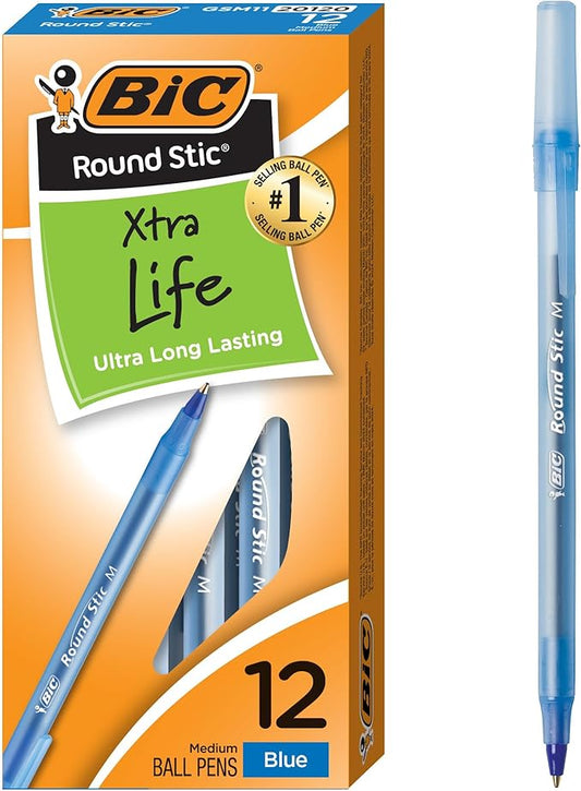 BIC Round Stic Xtra Life Blue Ballpoint Pens, Medium Point (1.0mm), 12-Count Pack of Bulk Pens, Flexible Round Barrel for Writing Comfort, No. 1 Selling Ballpoint Pens