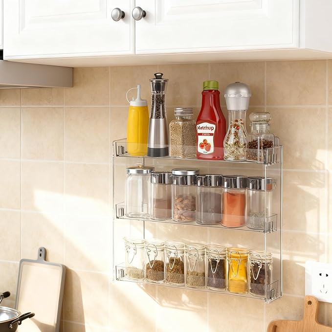 Spice Rack Wall Mount Clear Plastic Seasoning Organizer Condiment Bottles Storage Shelf Spice Rack Organizer for Kitchen Cabinet Doors Pantry RV Organization