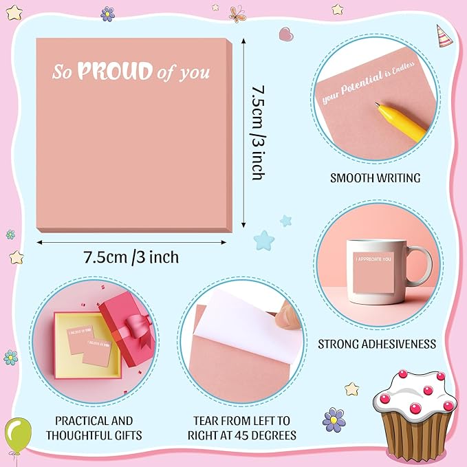 Yinder 24 Pcs Inspirational Sticky Notes Christmas Stocking Stuffers Motivational Sticky Notes Pad Employee Appreciation Gift Bulk for Teacher Nurse Coworker Office 3 x 3'' (Motivational,Pink)