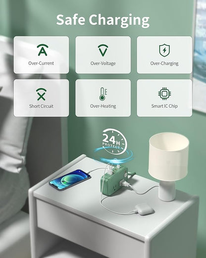 Power Strip with USB C Ports,30W USB C Charging Station,Surge Protection 1200J, 5FT Flat Extension Cord USB Charger Hub for Multiple Devices (Pearl Green)