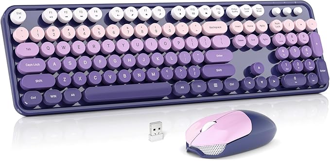 Wireless Keyboard and Mouse Combo, MOWUX Full Size Typewriter Retro Round Computer Keyboard, Cute Optical Mouse Wireless, Plug and Play, for Laptop, PC, Computer- Purple Gradient